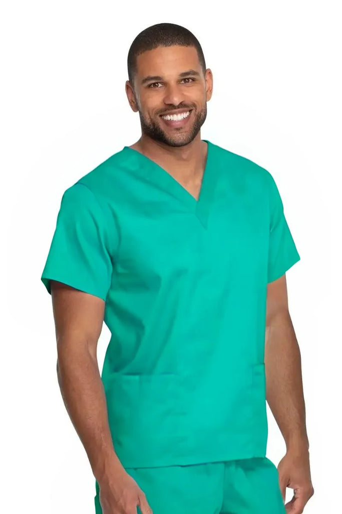 A male Scrub Nurse wearing a Dickies Industrial Unisex V-Neck Scrub Top in Surgical Green size 4XL featuring reinforced seams at stress points to provide extra strength and prevent tearing.