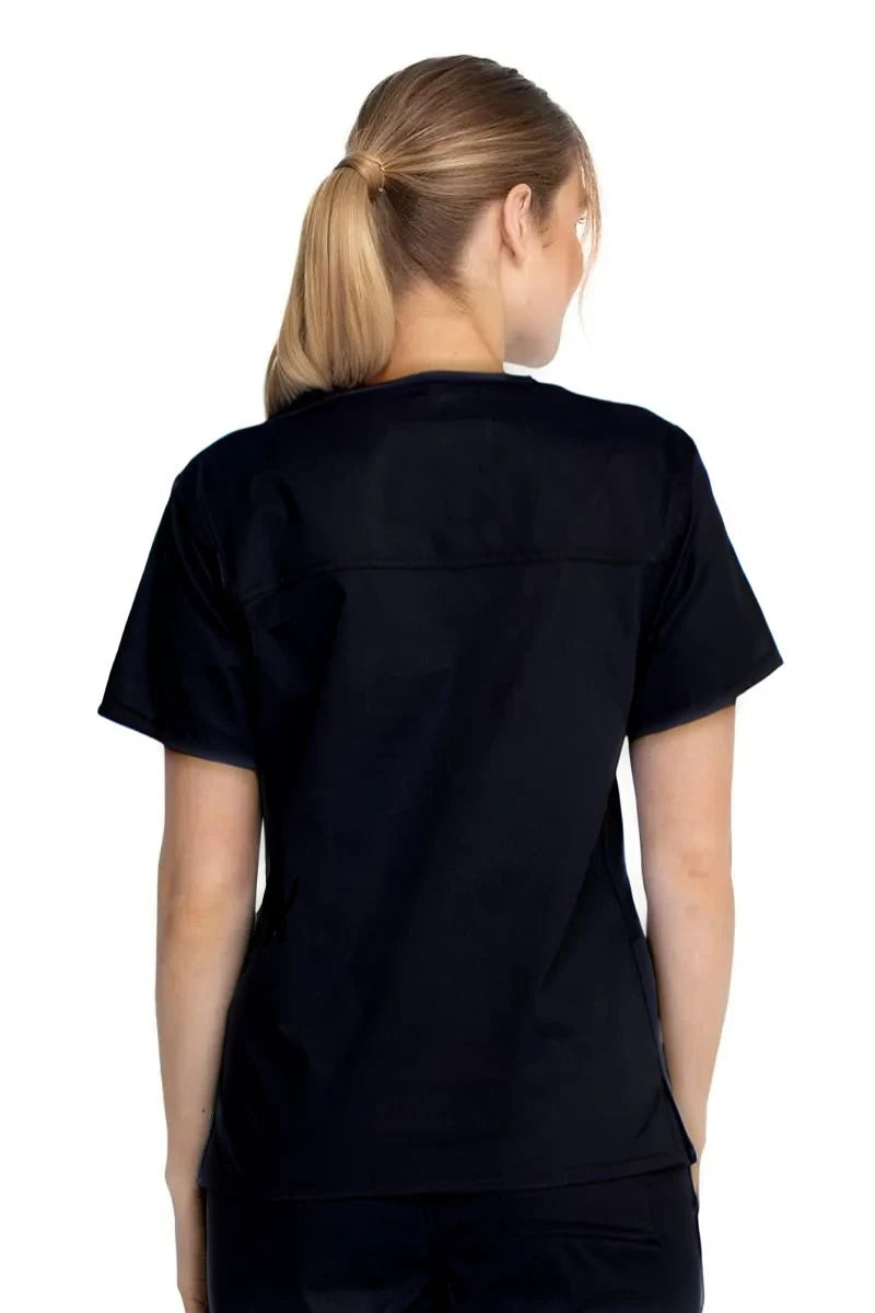 A young female Physician Assistant showcasing the back of the Dickies Industrial Unisex V-Neck Scrub Top in Black size Small featuring bartacks at stress points to provide extra strength and prevent tearing. 