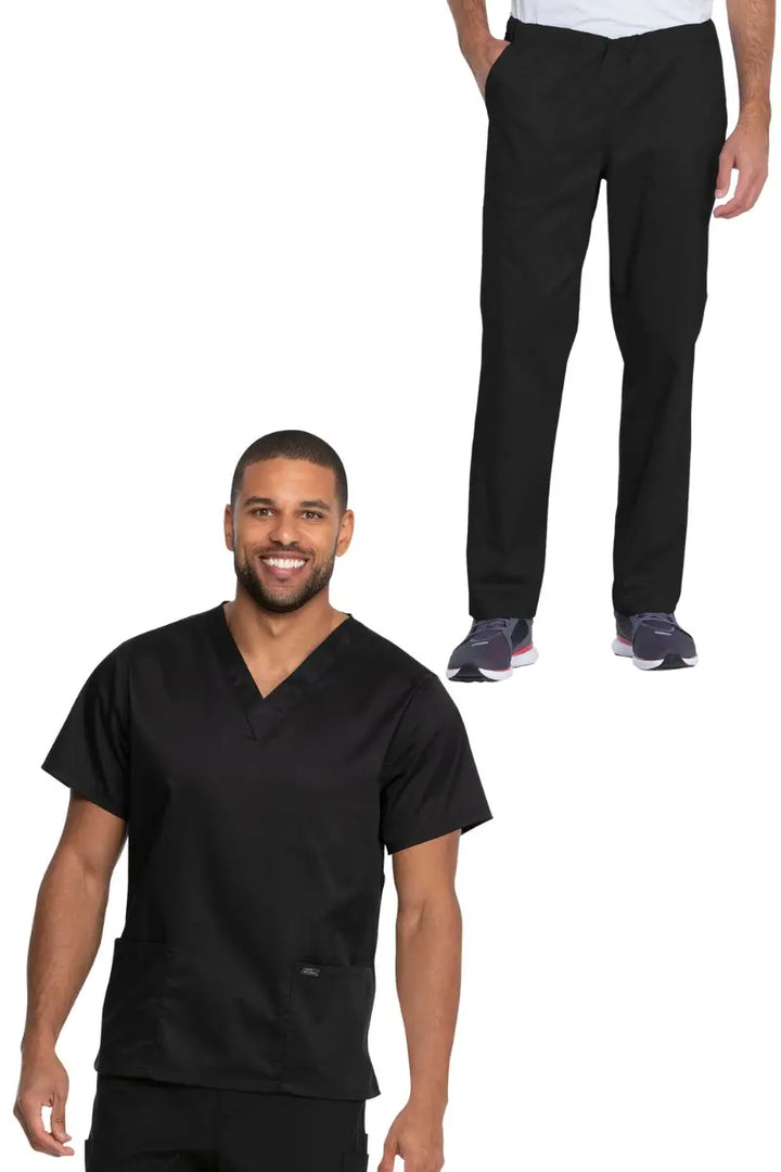 A look at a young male doctor showcasing the Dickies Industrial Unisex V-Neck Scrub Top (GD640) and the Dickies Industrial Unisex Mid-Rise Scrub Pant (GD120) in Black size Large on a white background.