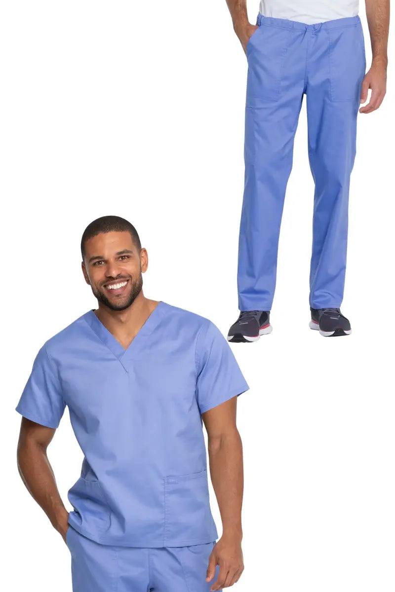 A look at a young male dental assistant showcasing the Dickies Industrial Unisex V-Neck Scrub Top (GD640) and the Dickies Industrial Unisex Mid-Rise Scrub Pant (GD120) in Ceil Blue size XL on a white background.