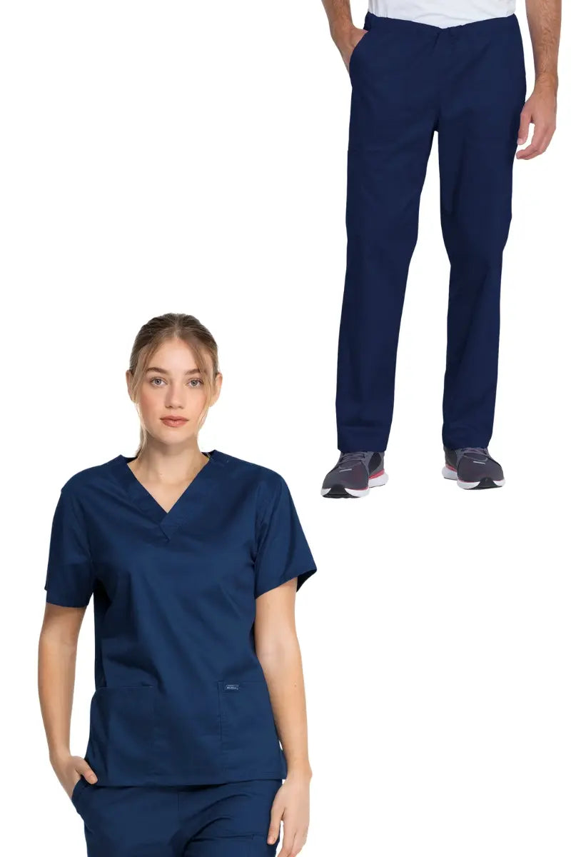 A look at a young female LPN showcasing the Dickies Industrial Unisex V-Neck Scrub Top (GD640) and the Dickies Industrial Unisex Mid-Rise Scrub Pant (GD120) in Navy Blue size Medium on a white background.