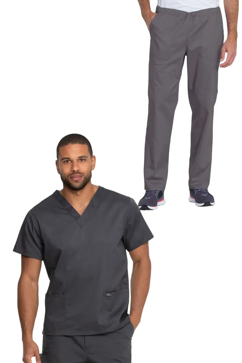 A look at a young male lab tech showcasing the Dickies Industrial Unisex V-Neck Scrub Top (GD640) and the Dickies Industrial Unisex Mid-Rise Scrub Pant (GD120) in Pewter size 2XL on a white background.