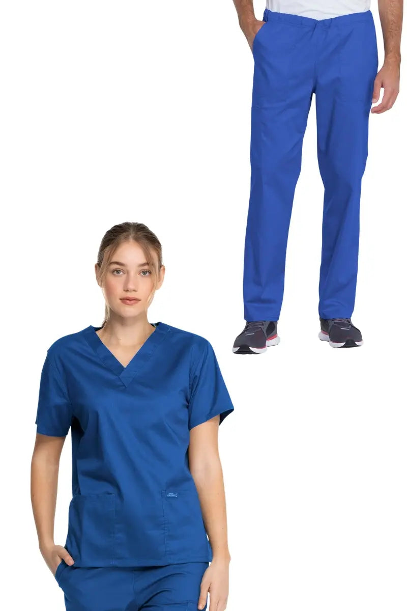 A look at a young female Physical Therapist showcasing the Dickies Industrial Unisex V-Neck Scrub Top (GD640) and the Dickies Industrial Unisex Mid-Rise Scrub Pant (GD120) in Royal Blue size Small on a white background.