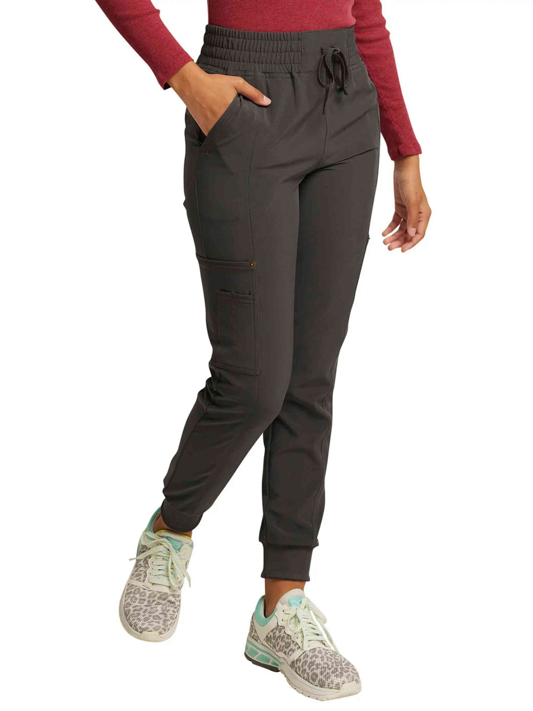 The right side of the Women's Dickies Riveting Mid Rise Scrub Jogger in Pewter size Small featuring a total of 6 pockets.