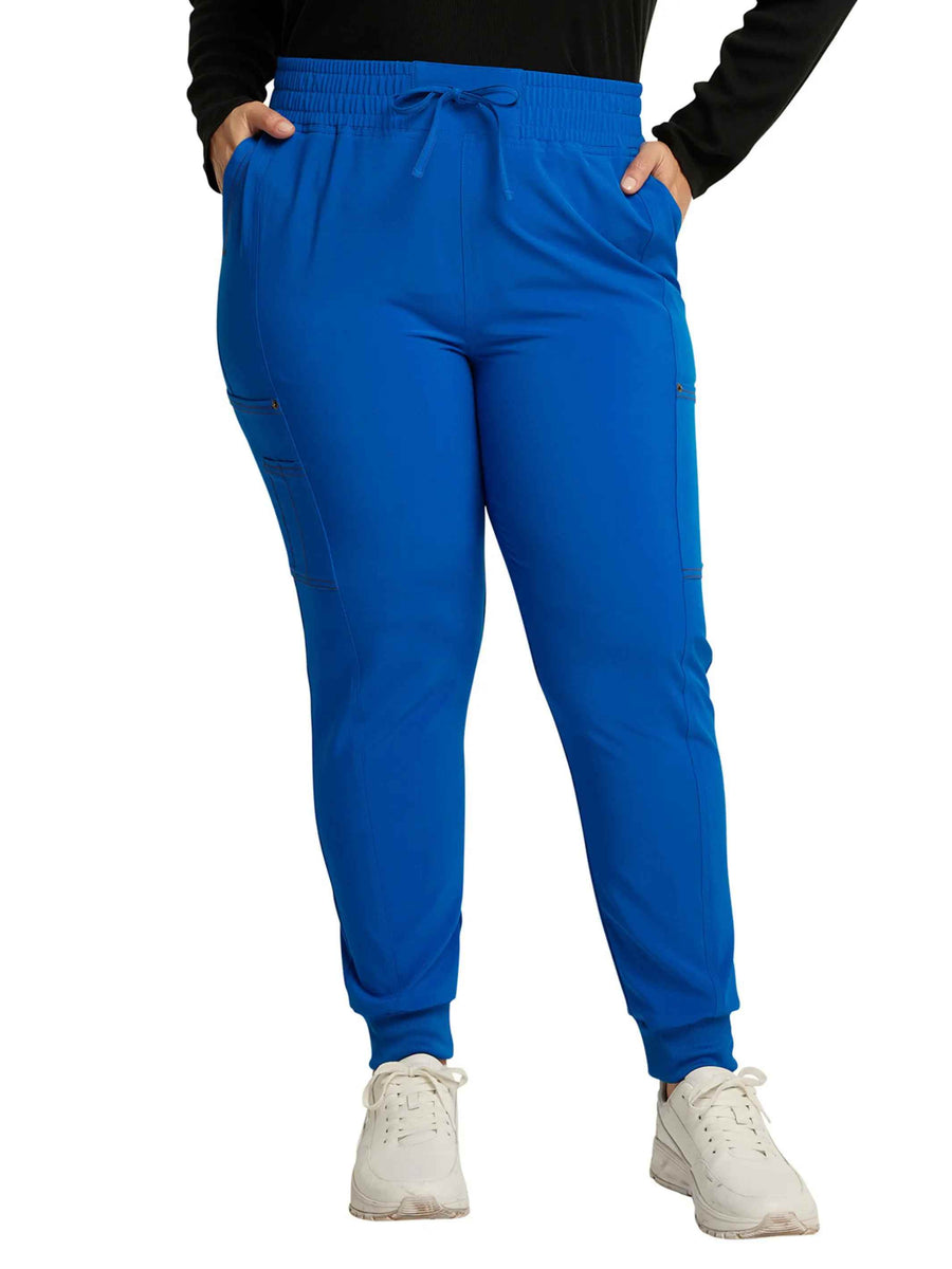 The front of the Dickies Riveting Women's Mid Rise Scrub Joggers in Royal Blue featuring an adjustable exterior drawstring.