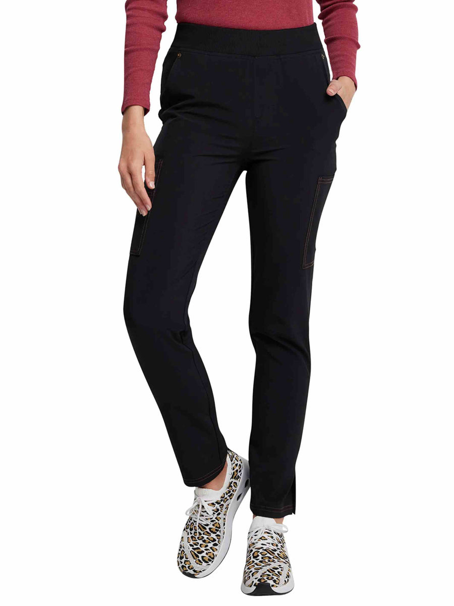 The front of the Dickies Riveting Women's Mid Rise Pull On Scrub Pant in Black featuring a rib knit elastic waistband with an interior drawstring.