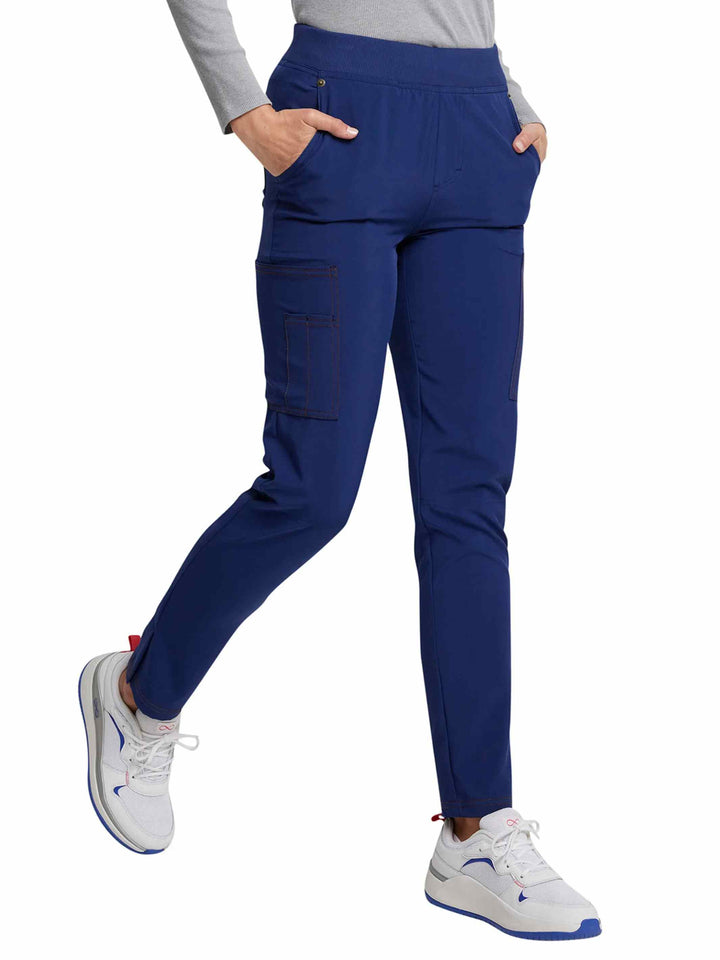 A look at the right side of the Dickies Riveting Women's Mid Rise Pull On Scrub Pants in Navy Blue featuring ankle vents.