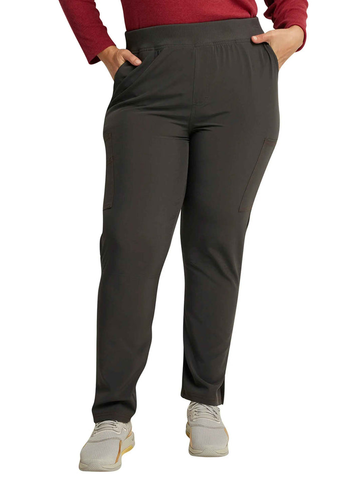 The front of the Dickies Riveting Women's Mid-Rise Pull-on Scrub Pant in Pewter size 2XL n a white background.