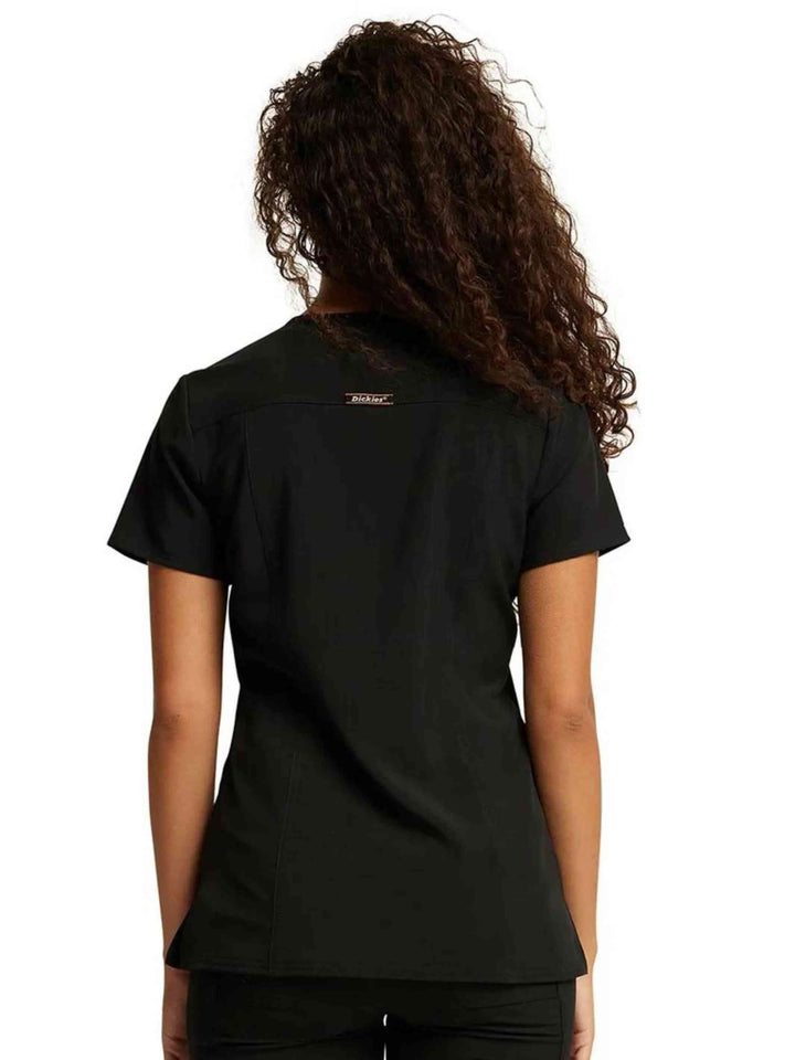 The back of the Dickies Riveting Women's V-neck Scrub Top in Black size medium featuring a center back length of 27.75".