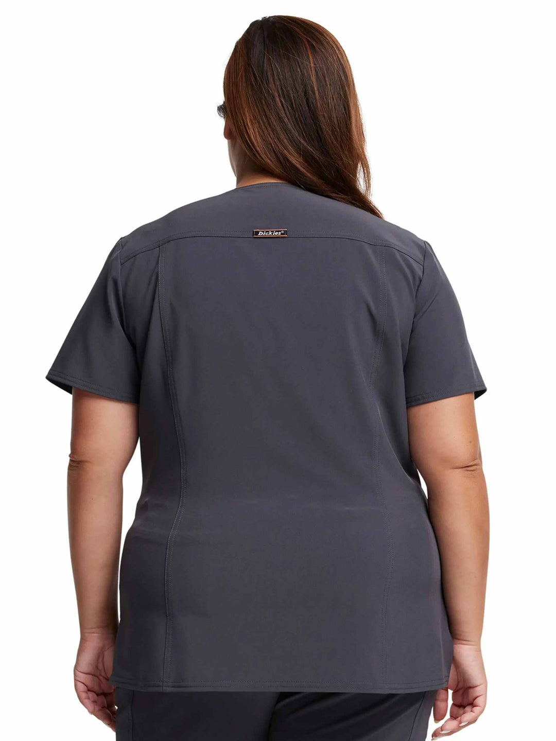 A look at the back of the Dickies Riveting Women's V-neck Scrub Top in Pewter size 3XL featuring a locker loop at the back yoke.