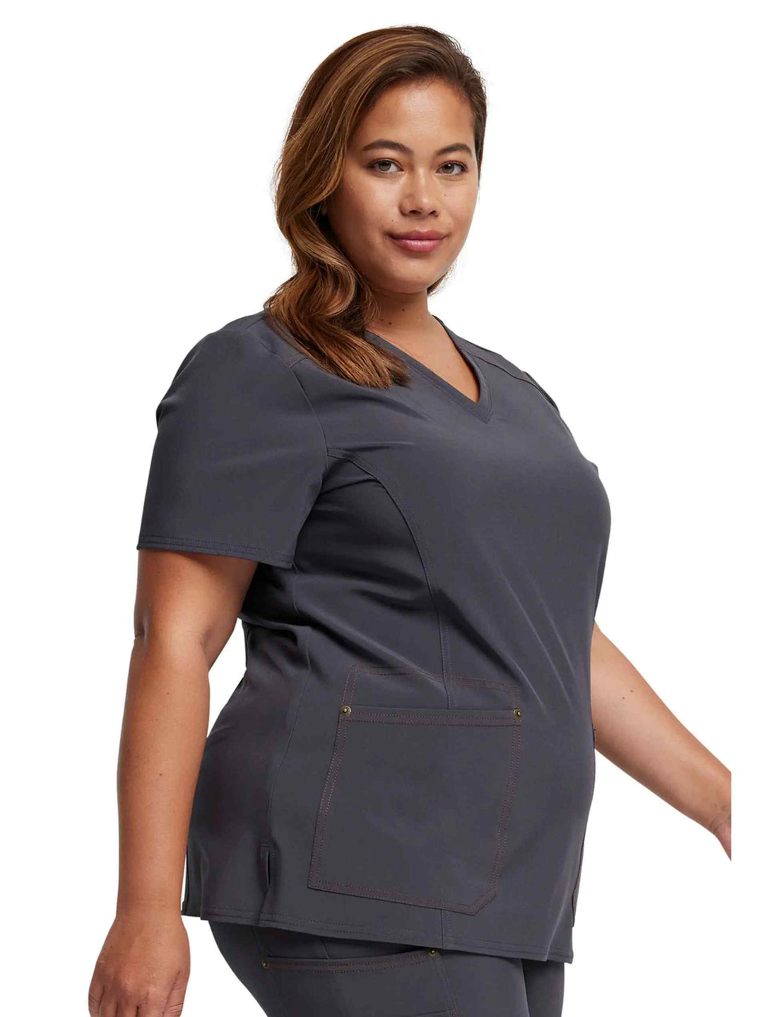 A look at the right side of the Dickies Women's V-neck Scrub Top in Pewter featuring princess seaming throughout.