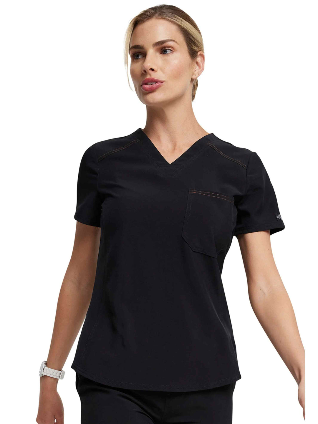 A look at the Dickies Riveting Women's Tuckable V-neck Scrub Top in Black size small featuring short sleeves and a v-neckline.