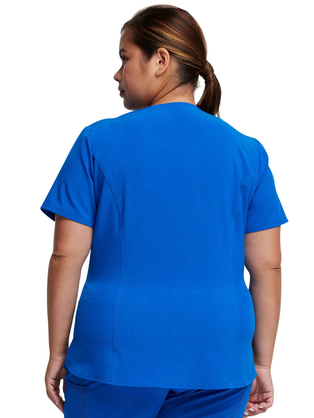 A look at the back of the Dickies Riveting Women's Tuckable V-neck Scrub Top in royal size 2XL featuring a center back length of 27".