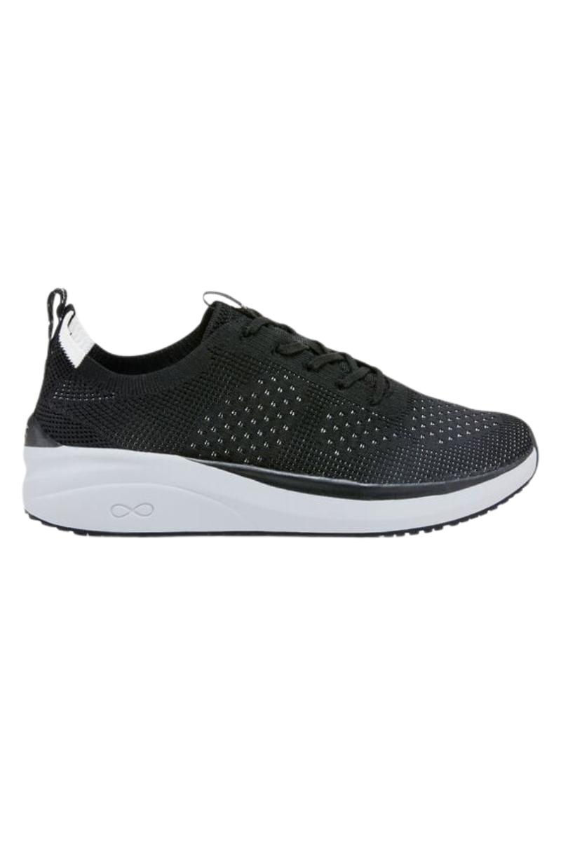 Infinity Everon Knit women’s black nursing shoe with white sole – breathable slip-resistant work sneaker.