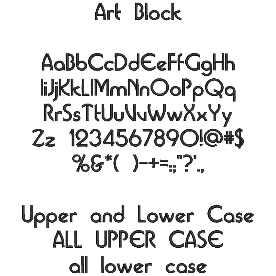 Art Block embroidery font examples.