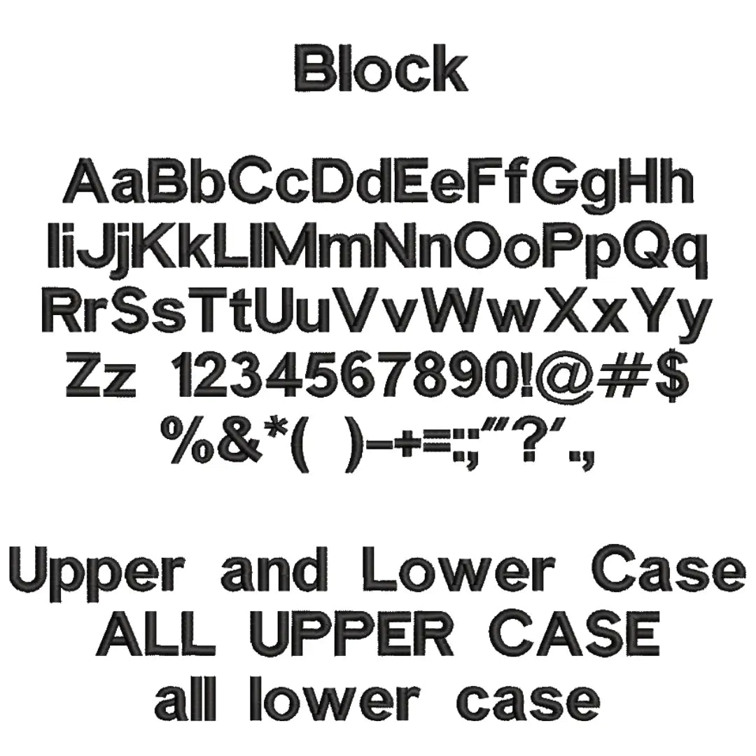 Block embroidery font examples.