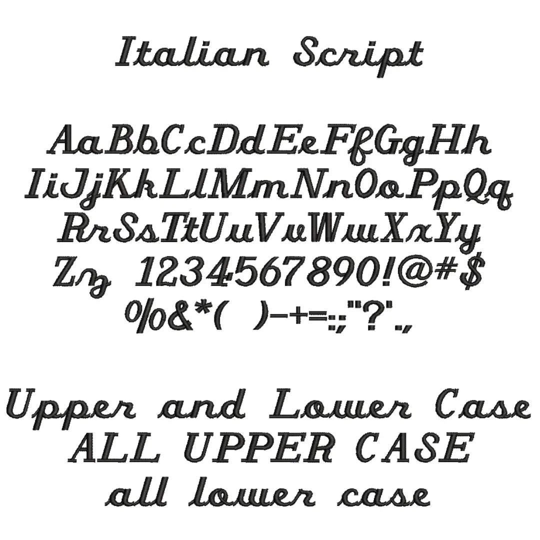 Italian Script embroidery font examples.