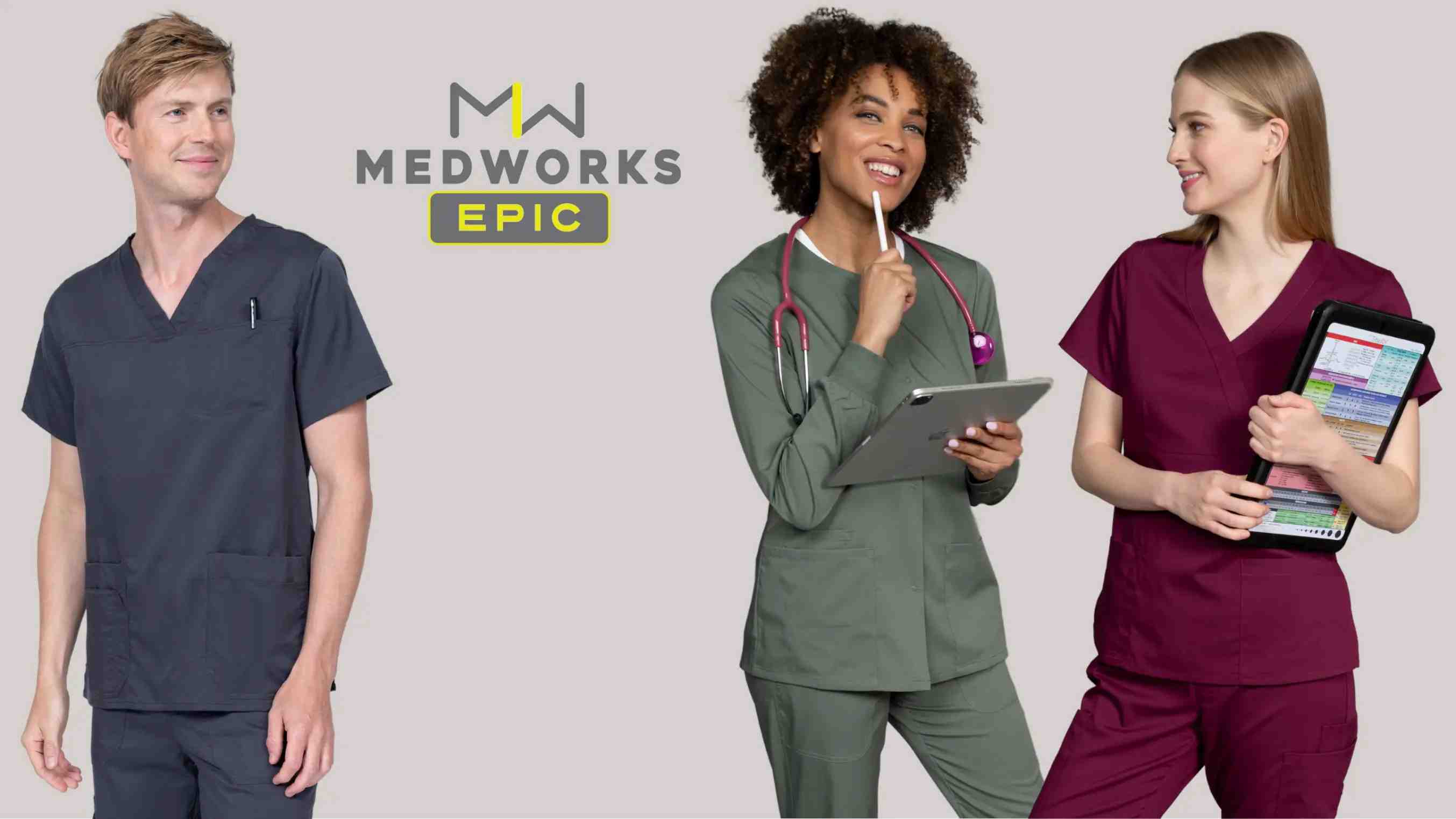 A group of young nurses displaying some of the available Epic By MedWorks styles at Scrub Pro Uniforms.