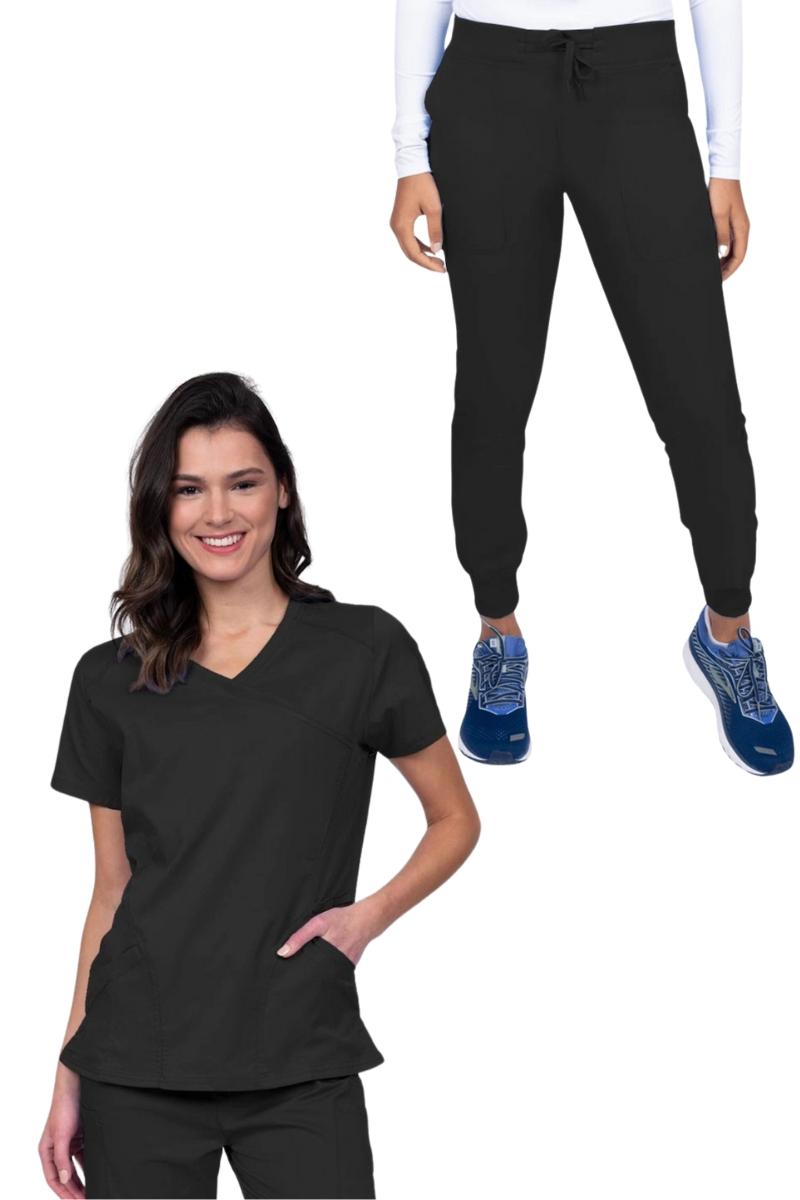 A look at the Epic by MedWorks Women's Knit Collar Mock Wrap Scrub Top and the Epic by MedWorks Women's Yoga Jogger Scrub Pant in Black.