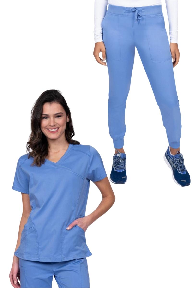 A look at the Epic by MedWorks Women's Knit Collar Mock Wrap Scrub Top and the Epic by MedWorks Women's Yoga Jogger Scrub Pant in Ceil Blue.