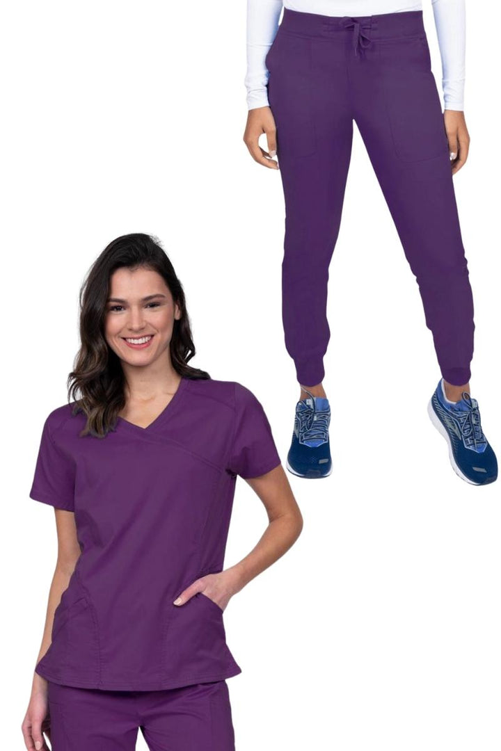 A look at the Epic by MedWorks Women's Knit Collar Mock Wrap Scrub Top and the Epic by MedWorks Women's Yoga Jogger Scrub Pant in Eggplant.