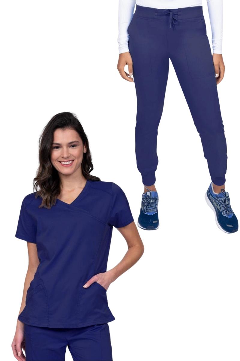 Epic Women's Scrub Set Knit Collar Top & Petite Joggers | Navy Blue