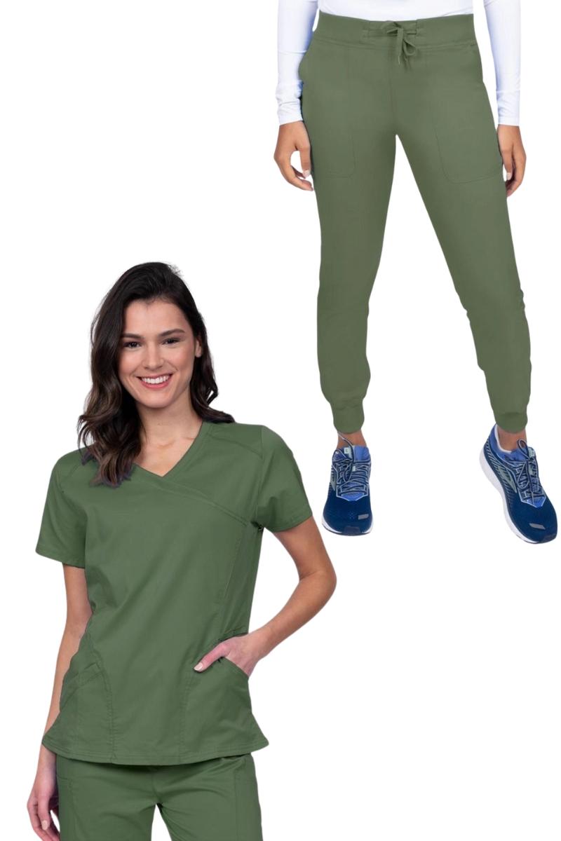 Epic Women's Scrub Set Knit Collar Top & Petite Joggers | Olive Green