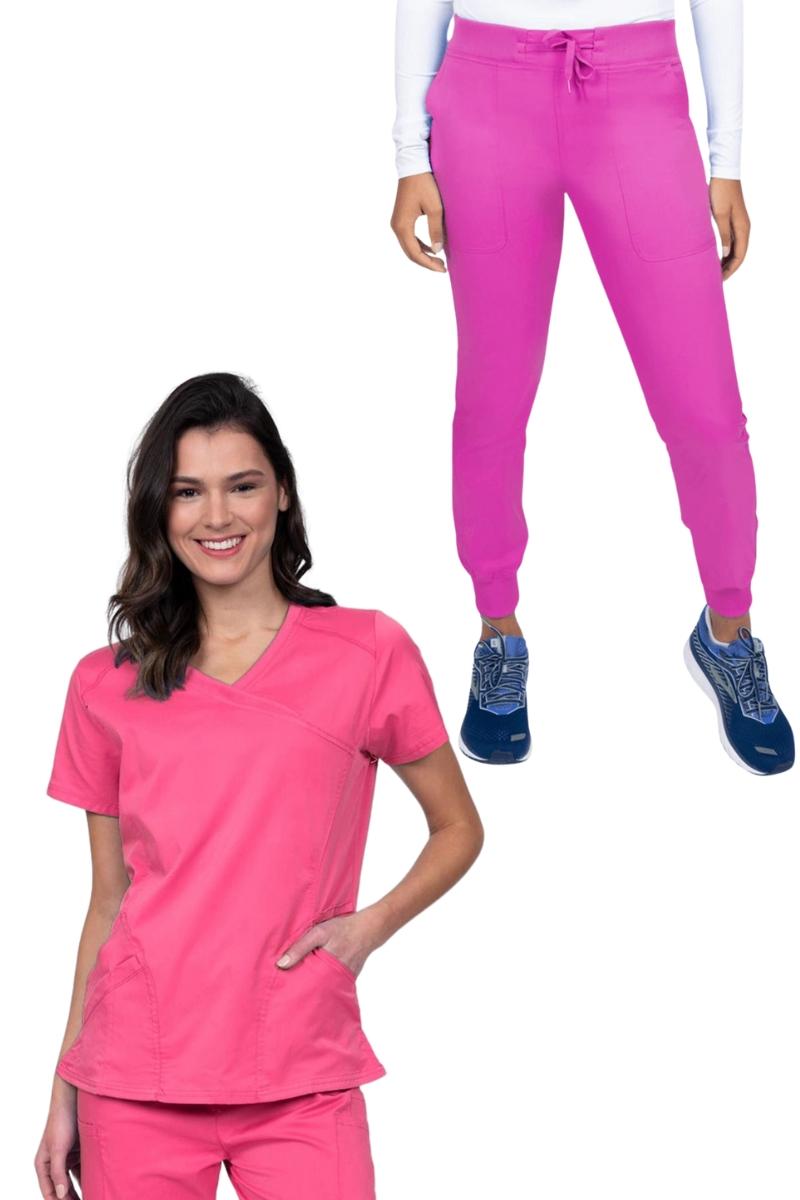 Epic Women's Scrub Set Knit Collar Top & Petite Joggers | Shocking Pink