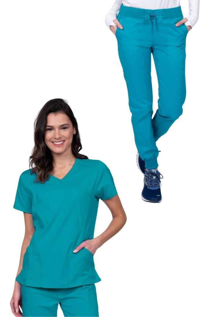 Epic Women's Scrub Set Knit Collar Top & Petite Joggers | Teal Blue