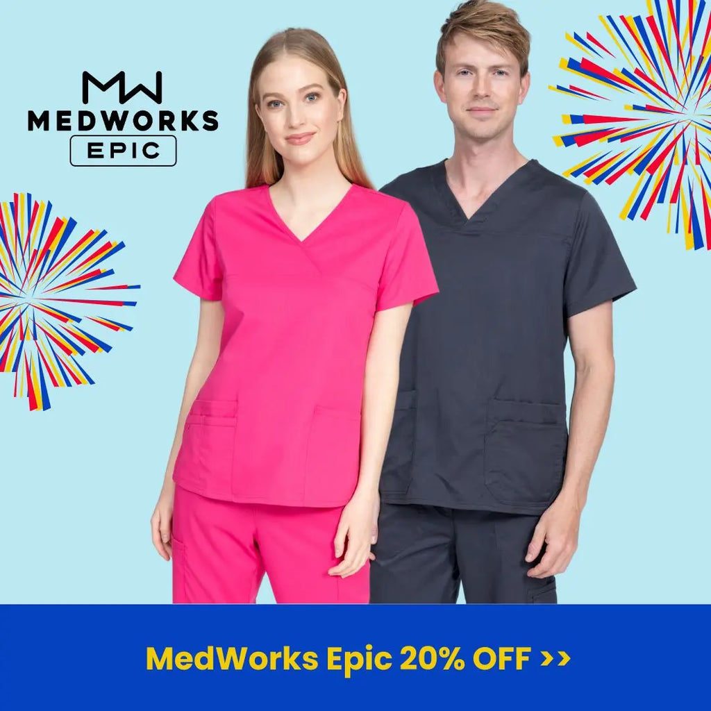 Two young Healthcare Professionals wearing Medical Uniforms from Epic by MedWorks on a light blue background. Epic Scrubs are 20% off at Scrub Pro.