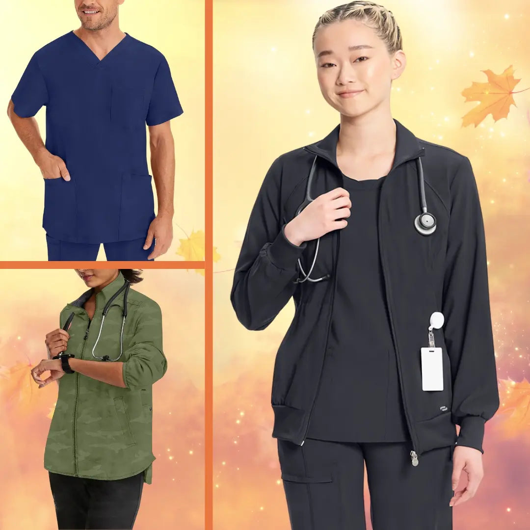 Three nurses showcasing some of Scrub Pro's collection of Fall Scrubs on an autumn themed background.