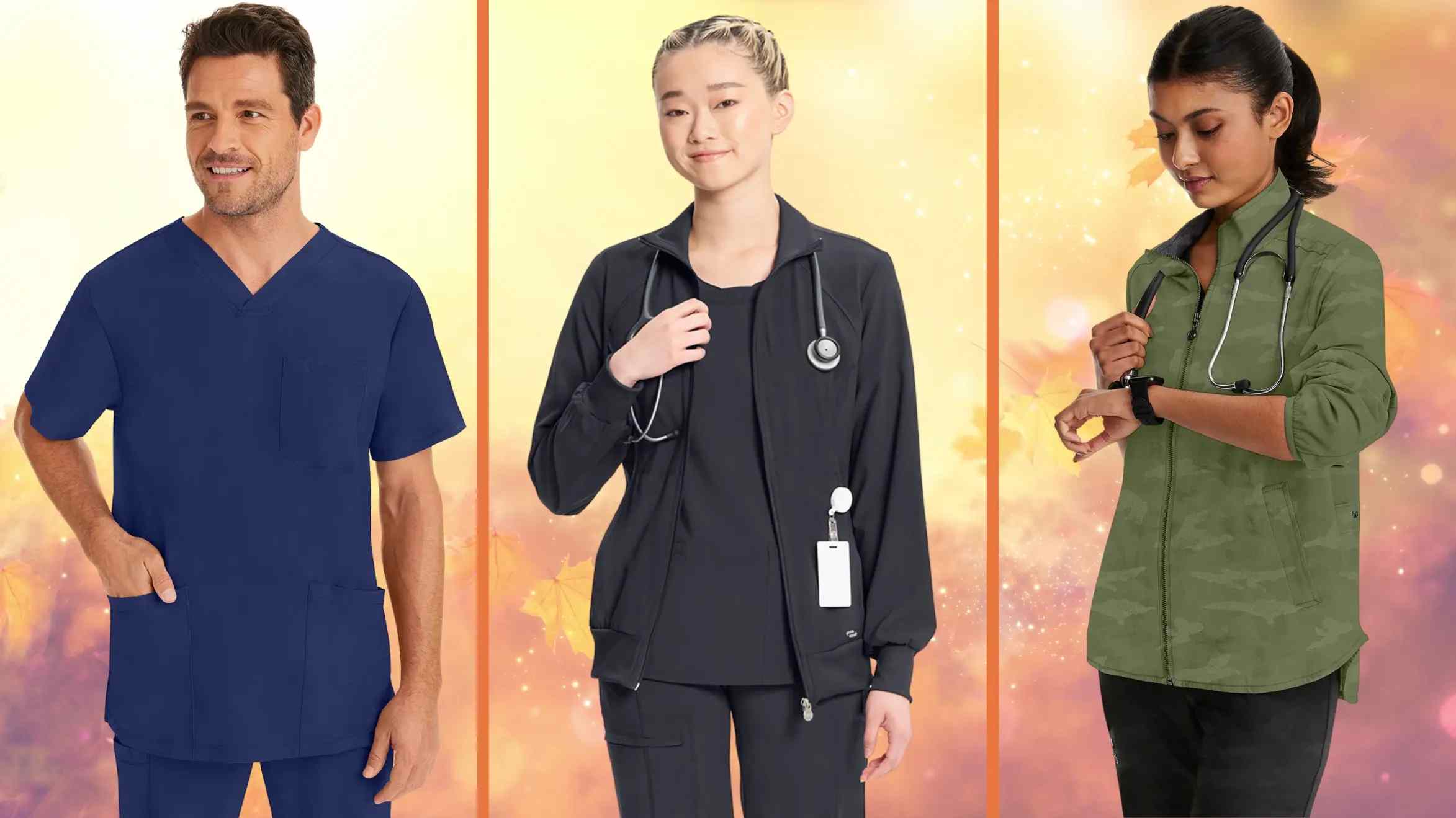 A variety of Healthcare Professionals displaying some of Scrub Pro's collection of Fall Scrubs on a fall themed background.