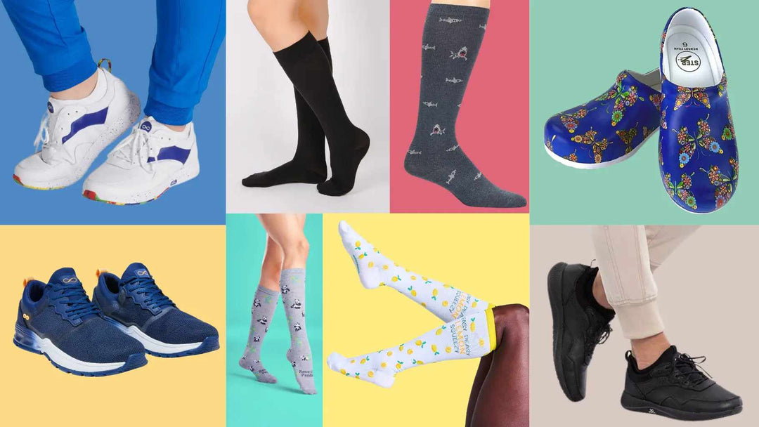 A collage of available compression socks and nursing shoes from Scrub Pro's collection of medical footwear on a multi-colored background.