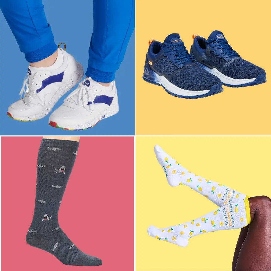 A collection of available compression socks and nursing shoes from Scrub Pro's collection of medical footwear.