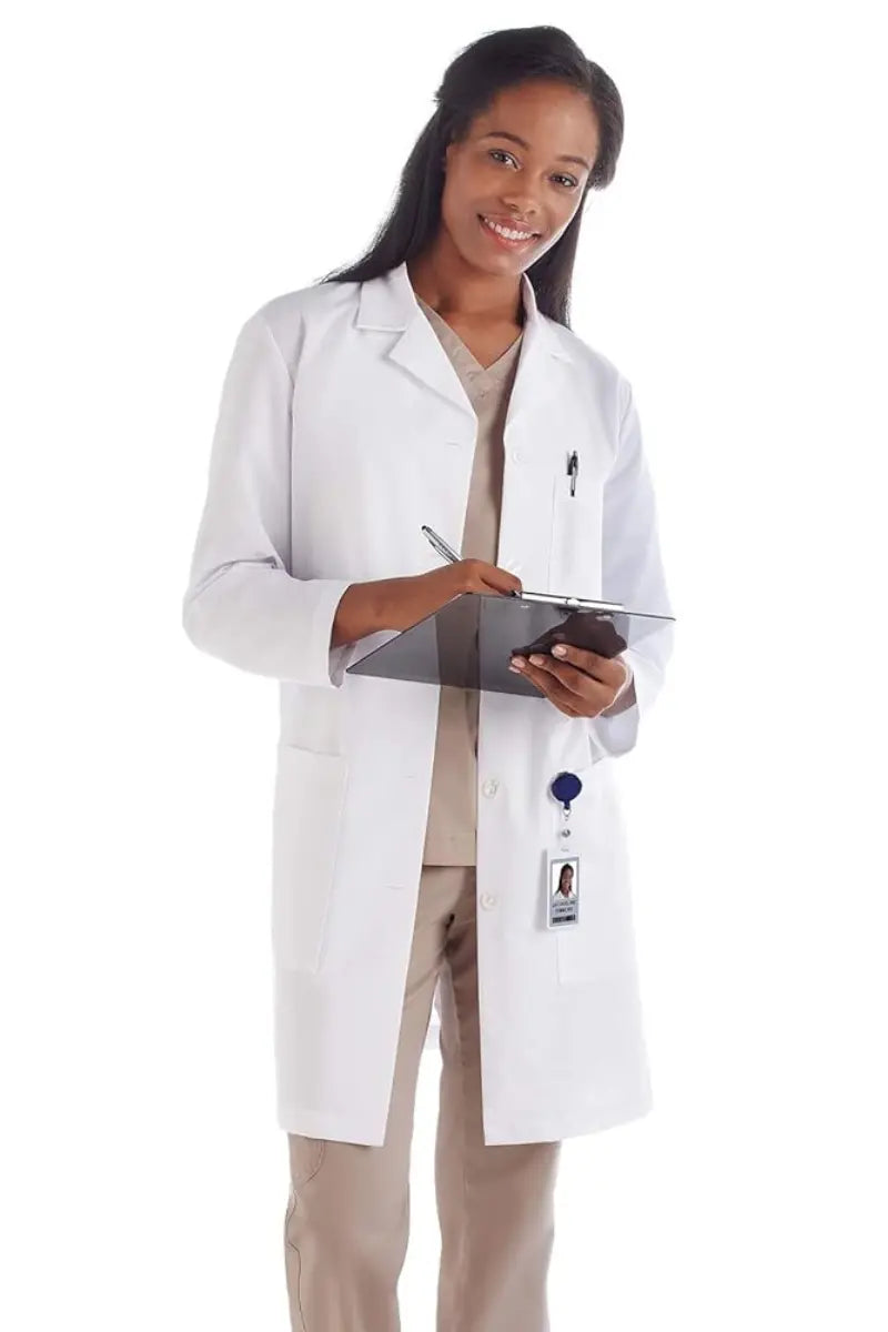 Veterinarian wearing Fundamentals 37 inch White Coat style 15113.