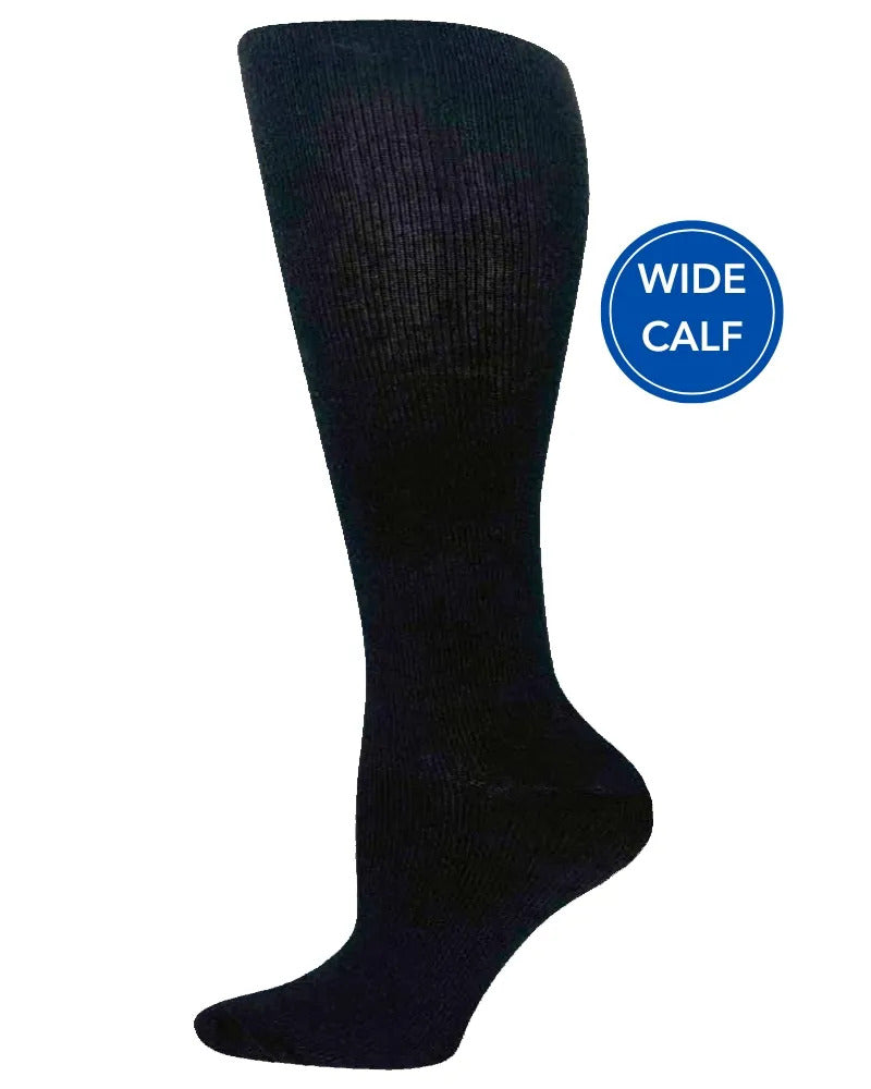 Foot mannequin displaying Pro-Motion Women's Wide Calf Compression Socks in Black featuring a calf size of 17"-21".