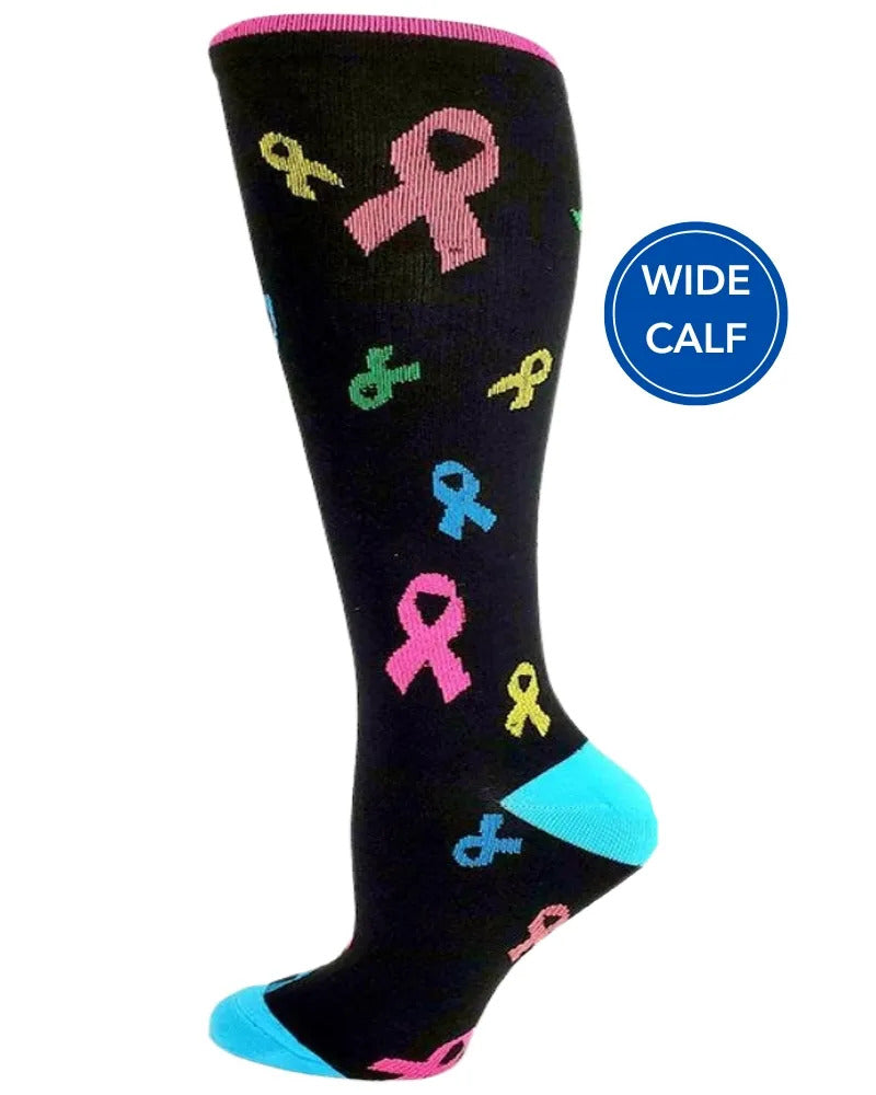 Foot mannequin displaying Pro-Motion Women's Wide Calf Compression Socks in black with multi color awareness ribbons featuring a calf size of 17"-21".