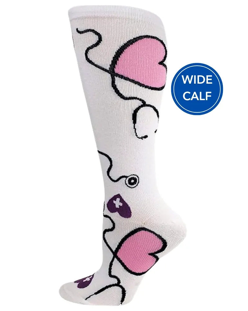 Foot Mannequin displaying Pro-Motion Women's Wide Calf Compression Socks in white with stethoscope and heart print featuring a calf size of 17"-21".