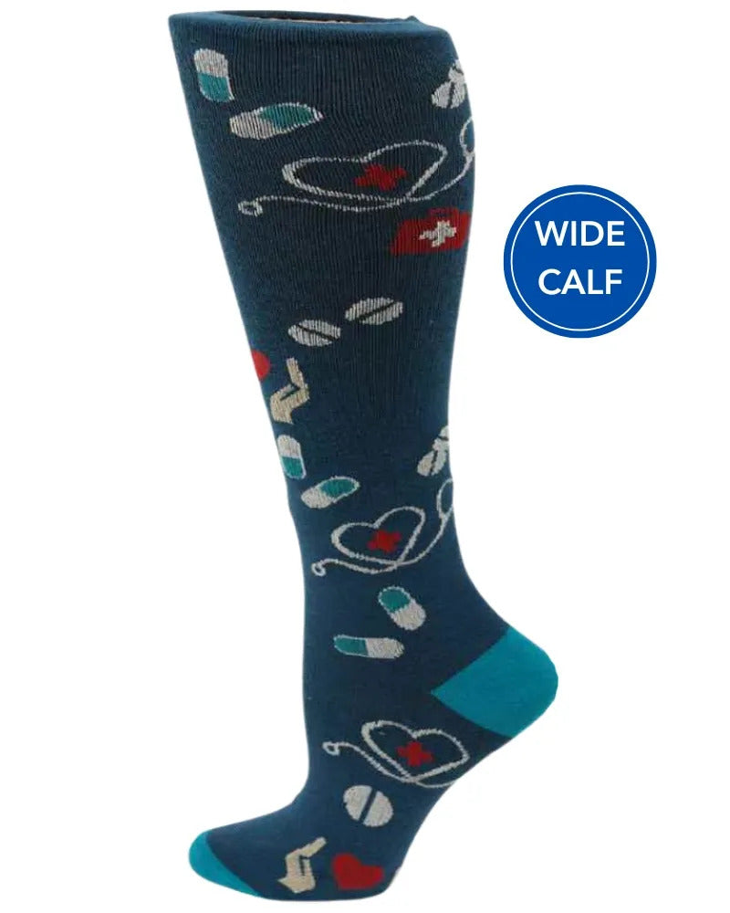 Foot mannequin displaying Pro-Motion Women's Wide Calf Compression Socks in Navy Medical Symbols featuring a calf size of 17"-21".