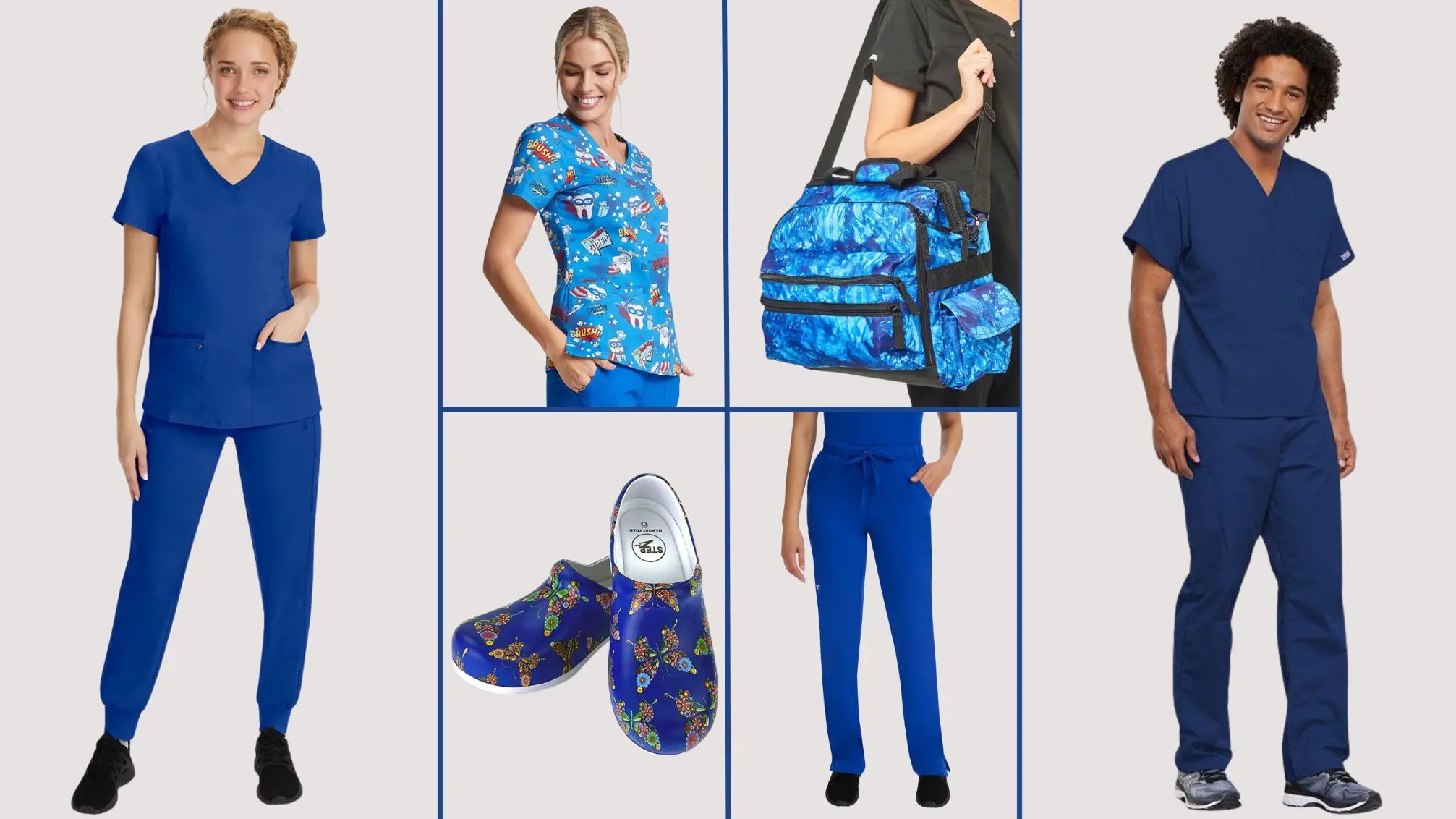 A group of young nurses showcasing Scrub Pro's collection of Galaxy Blue Scrubs and more featuring solid scrubs, printed scrubs, medical footwear, and much more.