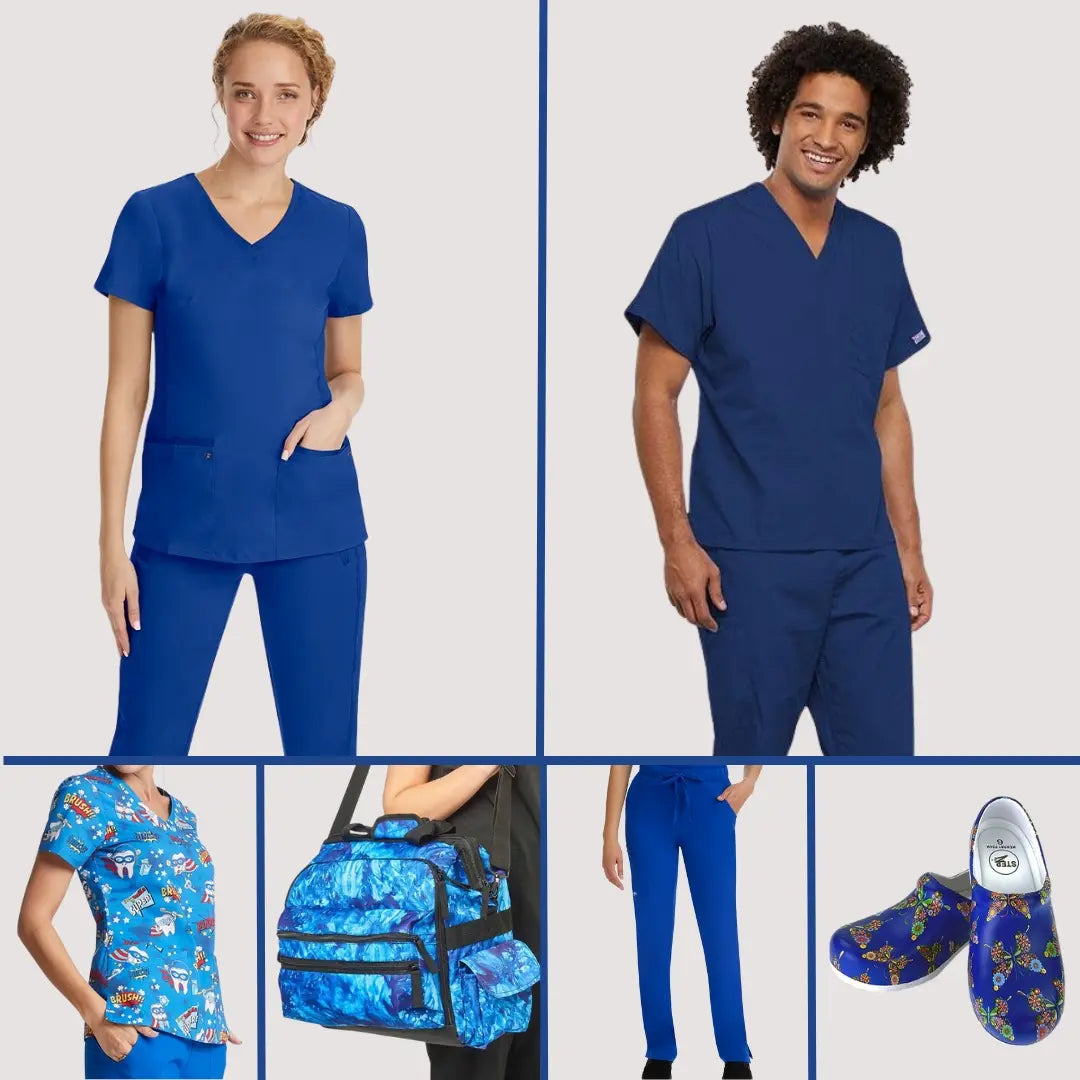 A group of healthcare professionals showcasing Scrub Pro's collection of Galaxy Blue scrubs and more featuring slid scrubs, printed scrub tops, medical bags, nursing shoes, and more.