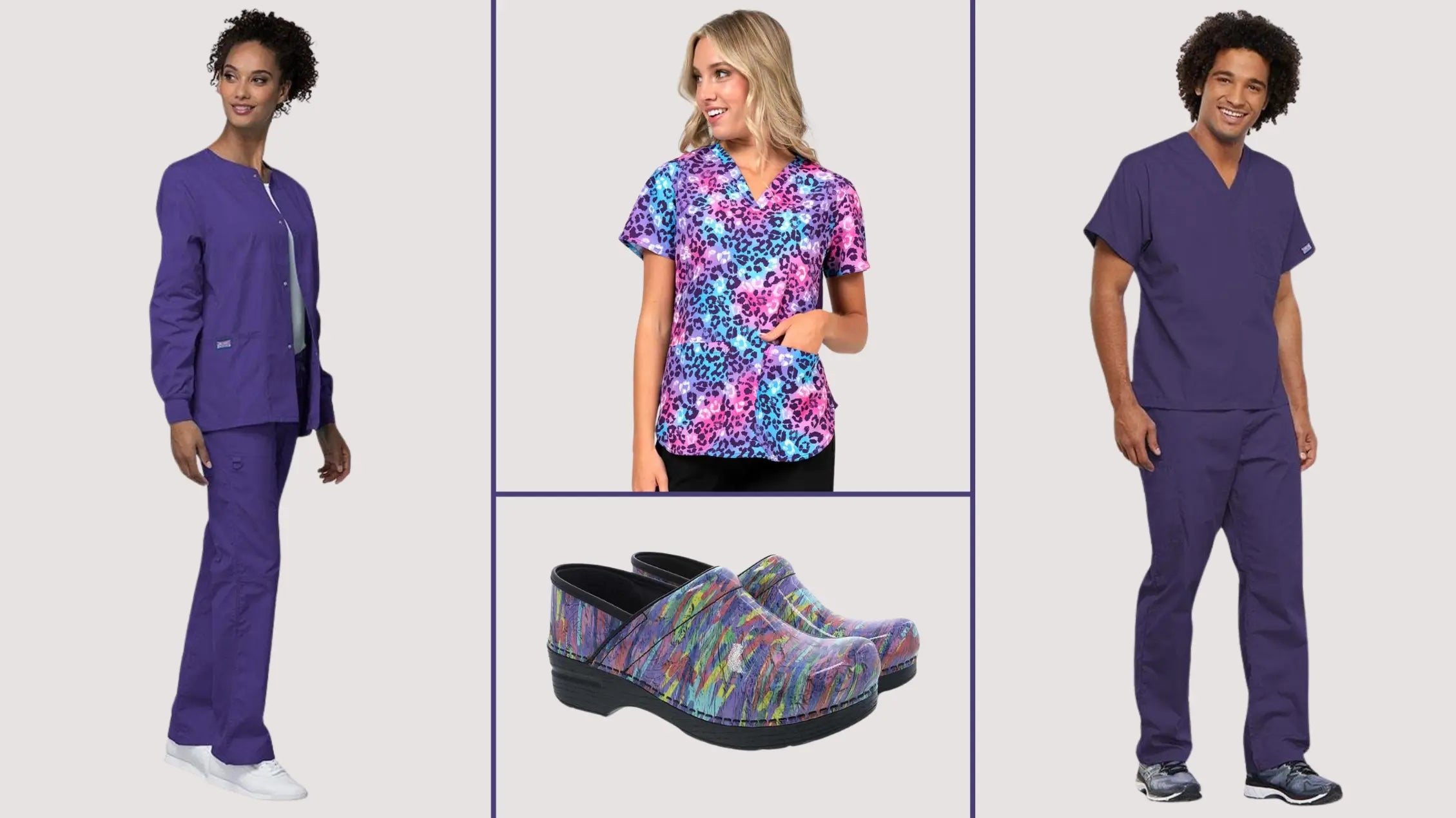 Three nurses showcasing Scrub Pro's collection of grape scrubs and more featuring solid grape scrubs, printed scrub tops, nursing shoes, and more.