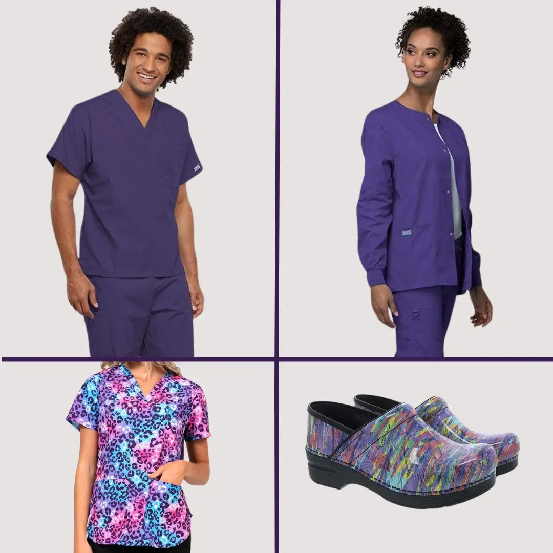 Scrub Pro's Grape colored scrubs and more collection features solid purple scrubs, printed scrub tops, nursing shoes, and more.