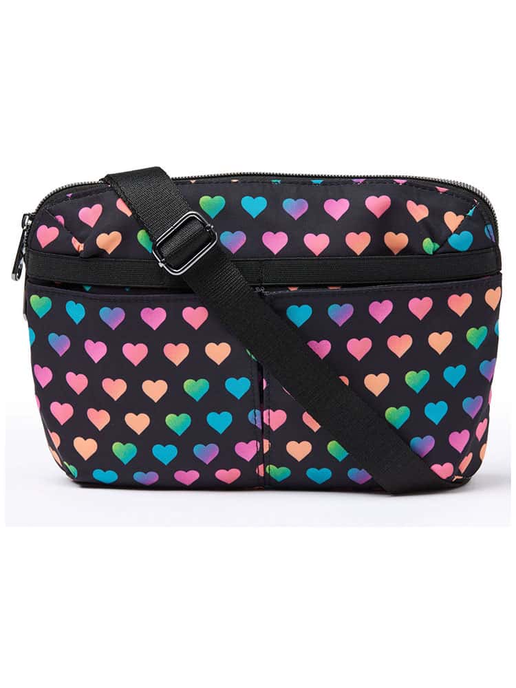 An image of the HeartSoul Harper Utility Bag in "Rainbow Love" featuring two front slip pockets & an interior utility pocket.