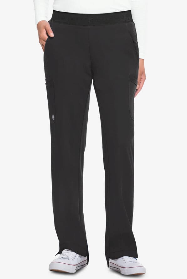 HH-Works Women's Straight Leg Yoga Scrub Pant in Pewter featuring a total of 6 pockets on a plain white background.