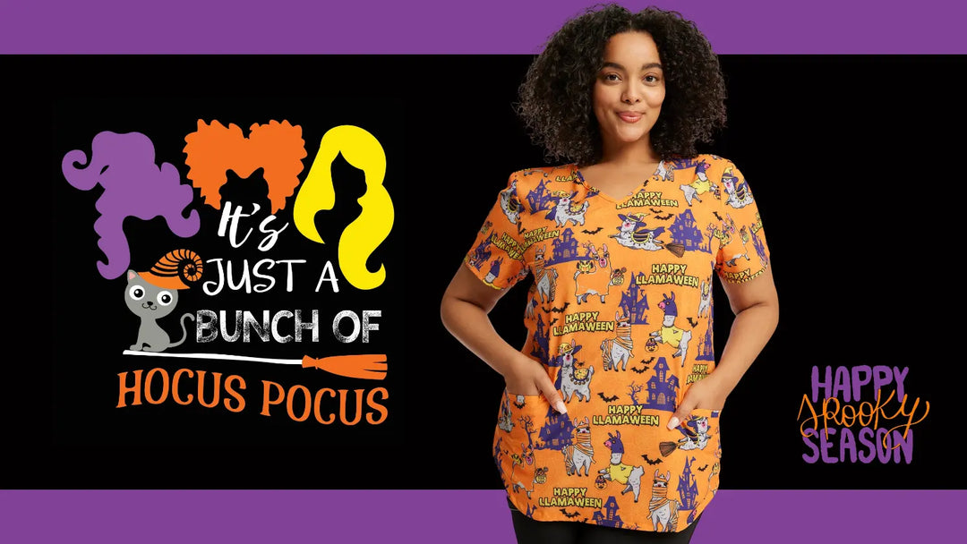 A young female nurse showcasing an available print scrub top available in Scrub pro's Halloween Shop on a black, purple, and orange background.