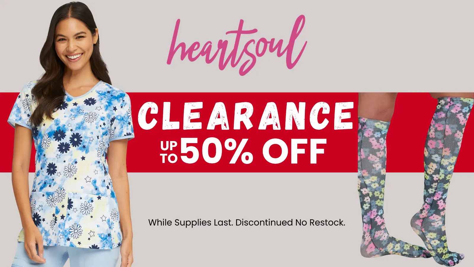 HeartSoul Scrubs and Accessories are up to 50% off at Scrub Pro Uniforms while supplies last.