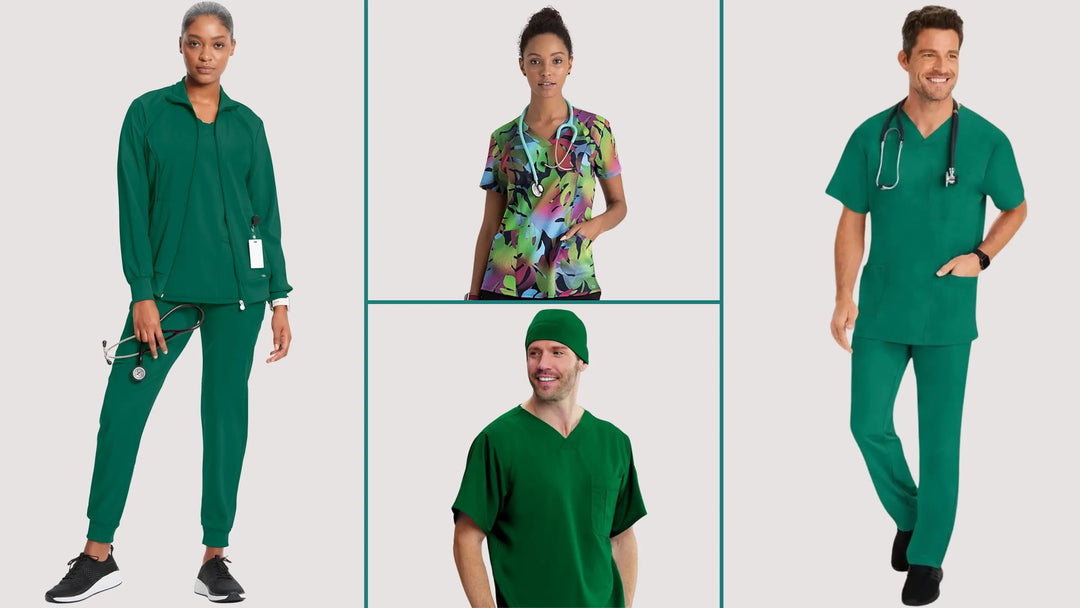 A group of surgical assistants wearing hunter green scrubs on an off white background.