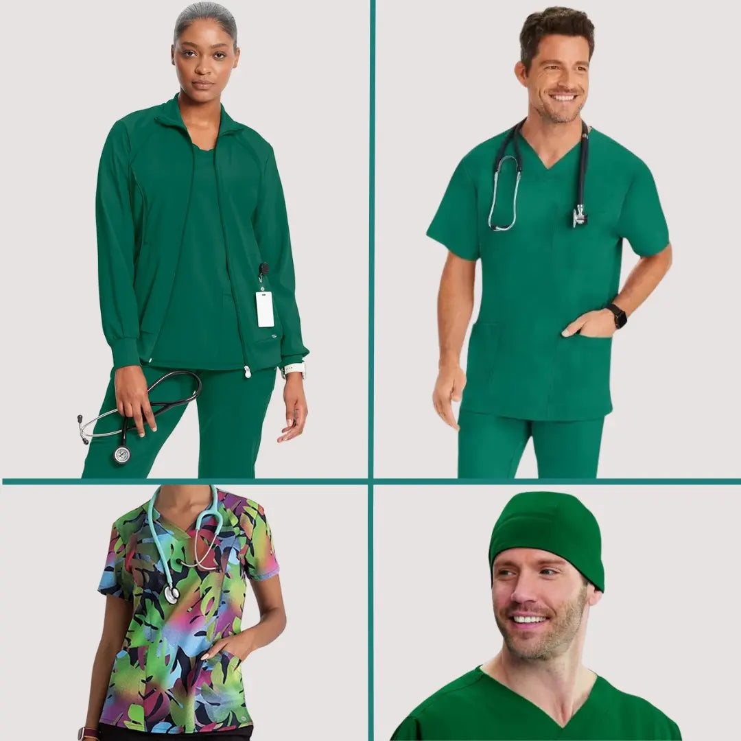 Healthcare workers showcasing Scrub Pro's selection of hunter green scrubs.