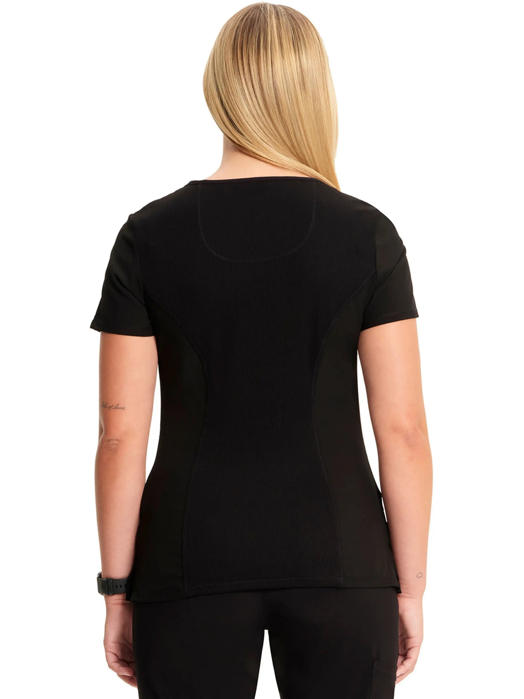 A look at the back of the Infinity Women's Mock Wrap Antimicrobial Scrub Top in Black size medium featuring a center back length of 26".